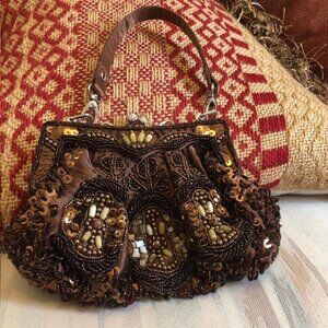 Vintage Beaded Satin Lined Brown Evening Bag Vintage Pre-Owned